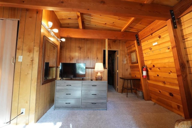 206 Cedar Ln, Sugarloaf, CA 92386 - unfurnished bedroom with wooden walls, wooden ceiling, vaulted ceiling with beams, and carpet flooring