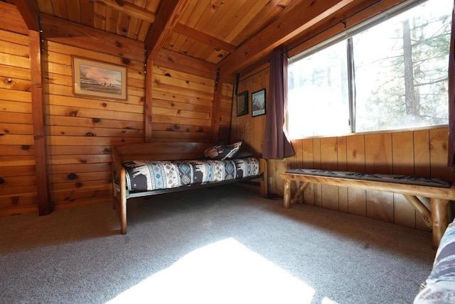 206 Cedar Ln, Sugarloaf, CA 92386 - unfurnished bedroom with wooden ceiling, wood walls, and carpet flooring