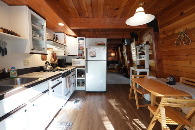 206 Cedar Ln, Sugarloaf, CA 92386 - kitchen featuring open shelves, white appliances, wood ceiling, under cabinet range hood, and dark wood-type flooring