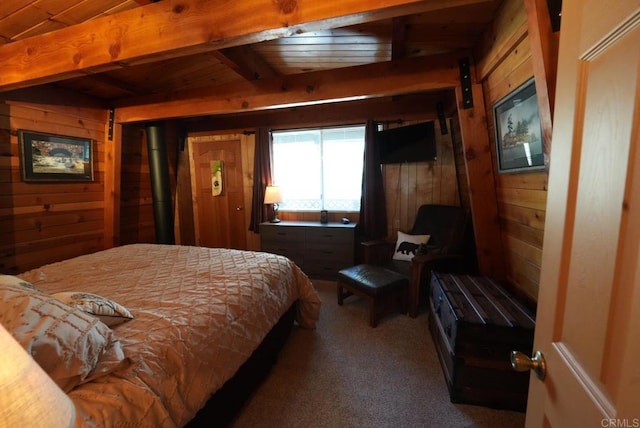 206 Cedar Ln, Sugarloaf, CA 92386 - carpeted bedroom featuring wooden ceiling, wooden walls, and beamed ceiling