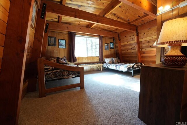 206 Cedar Ln, Sugarloaf, CA 92386 - bedroom featuring carpet flooring, wooden walls, wood ceiling, and vaulted ceiling with beams