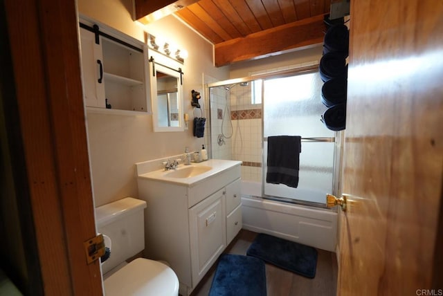 206 Cedar Ln, Sugarloaf, CA 92386 - full bath featuring shower / bath combination with glass door, vanity, toilet, beamed ceiling, and wooden ceiling