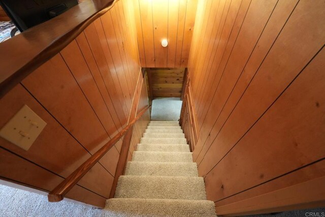 206 Cedar Ln, Sugarloaf, CA 92386 - staircase with wooden walls and carpet flooring