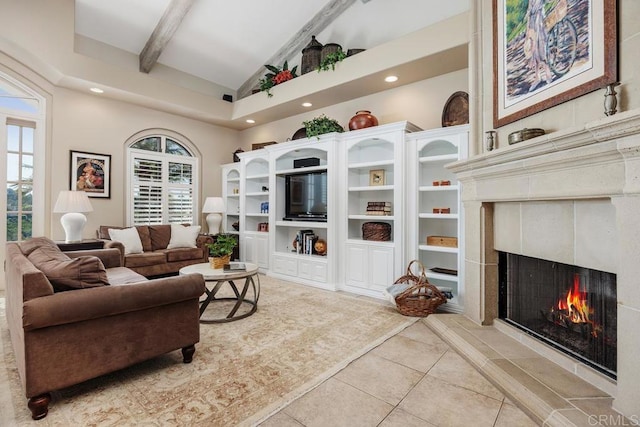 7189 Aviara Dr, Carlsbad, CA 92011 - living area featuring a tiled fireplace, light tile patterned floors, recessed lighting, high vaulted ceiling, and beamed ceiling