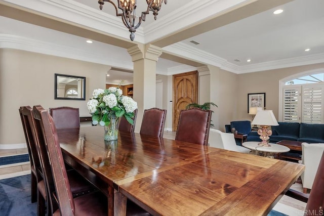 7189 Aviara Dr, Carlsbad, CA 92011 - dining space featuring ornate columns, a chandelier, ornamental molding, recessed lighting, and baseboards
