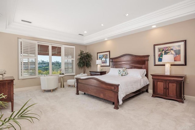 7189 Aviara Dr, Carlsbad, CA 92011 - bedroom with a raised ceiling, crown molding, light carpet, baseboards, and recessed lighting