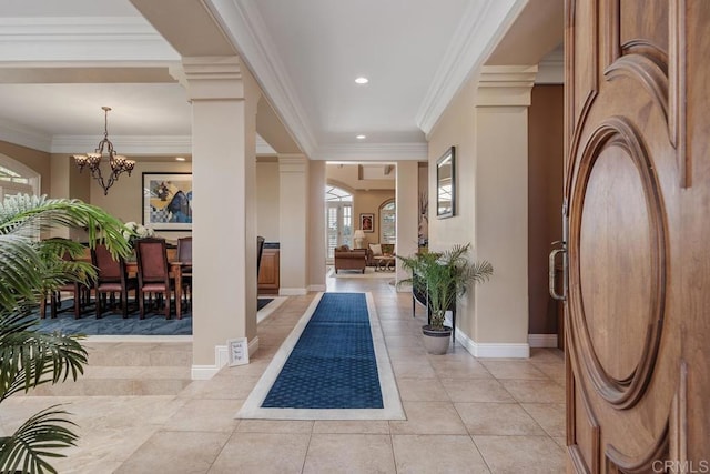 7189 Aviara Dr, Carlsbad, CA 92011 - foyer entrance featuring a chandelier, recessed lighting, light tile patterned flooring, baseboards, and crown molding