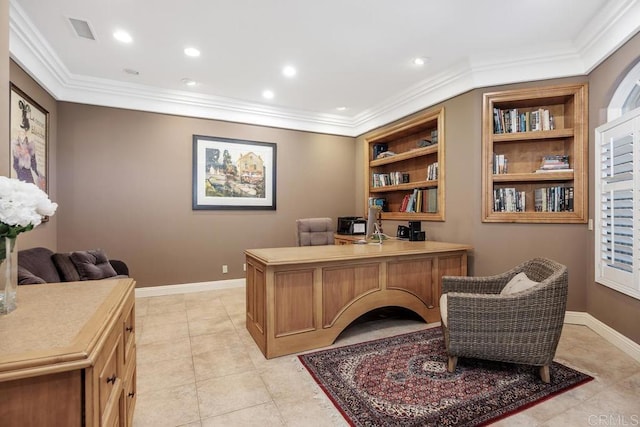 7189 Aviara Dr, Carlsbad, CA 92011 - office space featuring crown molding, light tile patterned flooring, baseboards, and recessed lighting