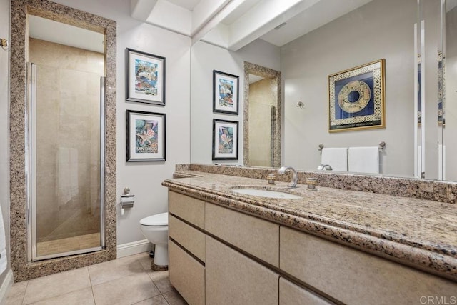 7189 Aviara Dr, Carlsbad, CA 92011 - full bathroom with toilet, a shower stall, vanity, and tile patterned flooring