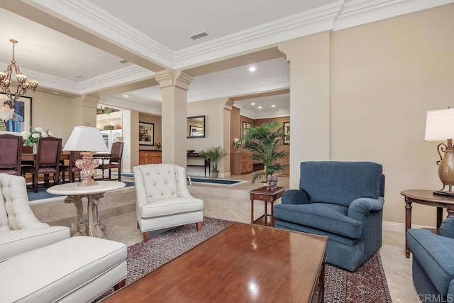7189 Aviara Dr, Carlsbad, CA 92011 - living room with crown molding, recessed lighting, ornate columns, a chandelier, and baseboards