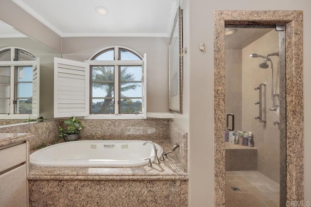 7189 Aviara Dr, Carlsbad, CA 92011 - full bathroom with a shower stall, a garden tub, ornamental molding, and vanity