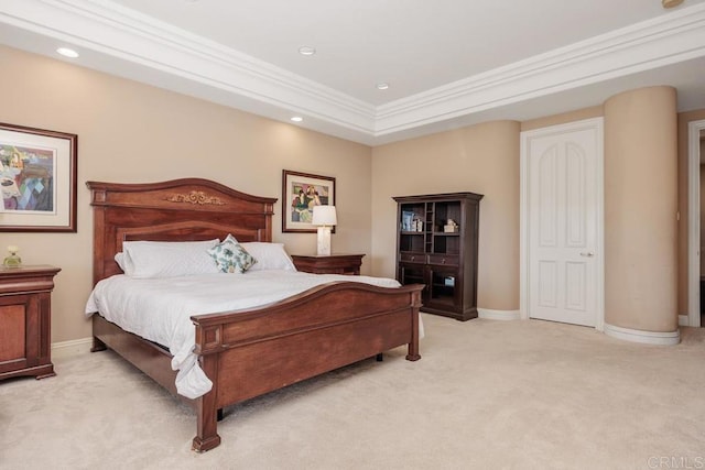 7189 Aviara Dr, Carlsbad, CA 92011 - bedroom with light colored carpet, ornamental molding, baseboards, recessed lighting, and a tray ceiling