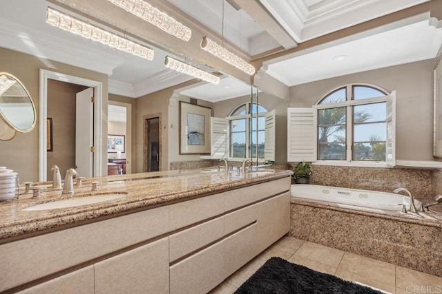 7189 Aviara Dr, Carlsbad, CA 92011 - bathroom with crown molding, double vanity, a garden tub, and tile patterned floors