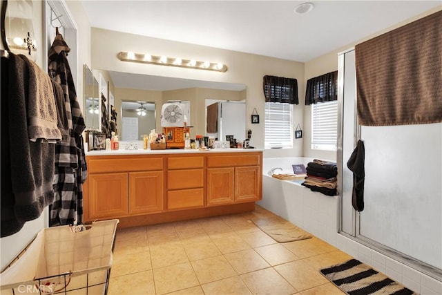 9153 Ravenswood Ave, Hesperia, CA 92344 - full bathroom with a bath, a shower stall, tile patterned flooring, and double vanity
