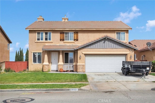 9153 Ravenswood Ave, Hesperia, CA 92344 - traditional-style home featuring a chimney, a front lawn, driveway, and stucco siding