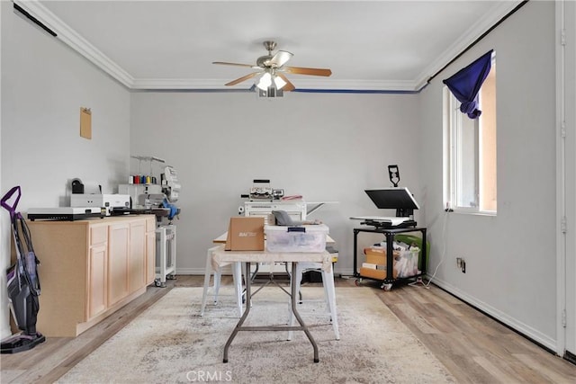 9153 Ravenswood Ave, Hesperia, CA 92344 - home office with crown molding, light wood finished floors, ceiling fan, and baseboards