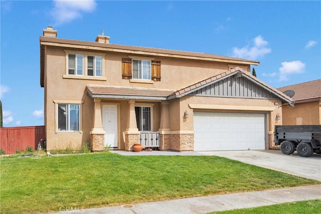 9153 Ravenswood Ave, Hesperia, CA 92344 - traditional-style home with concrete driveway, stucco siding, a chimney, stone siding, and a front lawn