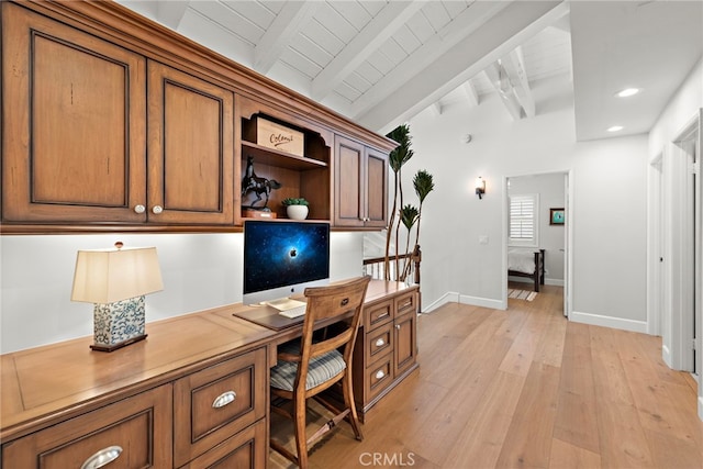361 Cress St, Laguna Beach, CA 92651 - office area featuring built in study area, baseboards, light wood-type flooring, wood ceiling, and recessed lighting