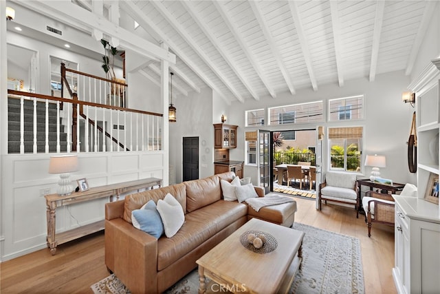 361 Cress St, Laguna Beach, CA 92651 - living room featuring light wood-style floors, beam ceiling, high vaulted ceiling, wooden ceiling, and recessed lighting