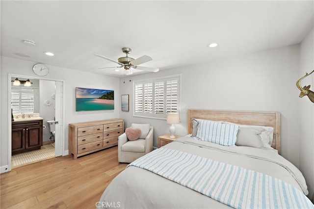361 Cress St, Laguna Beach, CA 92651 - bedroom with light wood finished floors, recessed lighting, a ceiling fan, ensuite bathroom, and baseboards