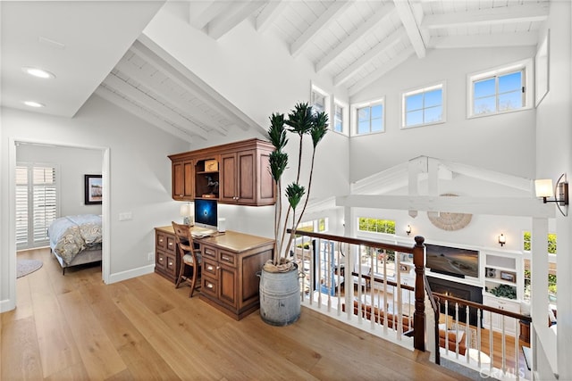 361 Cress St, Laguna Beach, CA 92651 - office with beam ceiling, high vaulted ceiling, light wood finished floors, recessed lighting, and baseboards