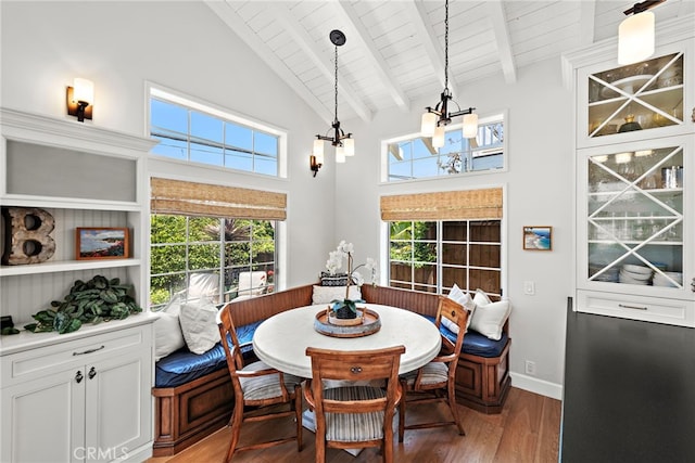 361 Cress St, Laguna Beach, CA 92651 - dining area with breakfast area, light wood-style floors, high vaulted ceiling, beamed ceiling, and a chandelier