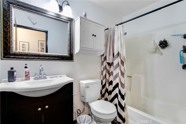 full bath featuring shower / bathtub combination with curtain, vanity, and toilet