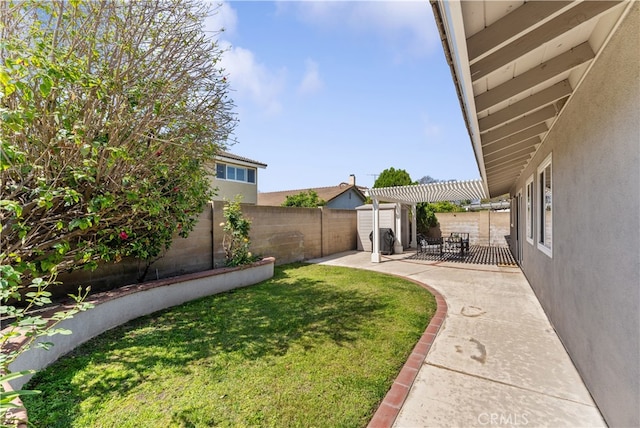 view of yard with a patio, a fenced backyard, a storage shed, and an outdoor structure