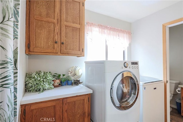 washroom featuring cabinet space and washer and clothes dryer
