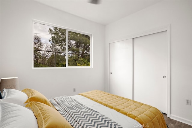 bedroom featuring dark wood-type flooring and a closet
