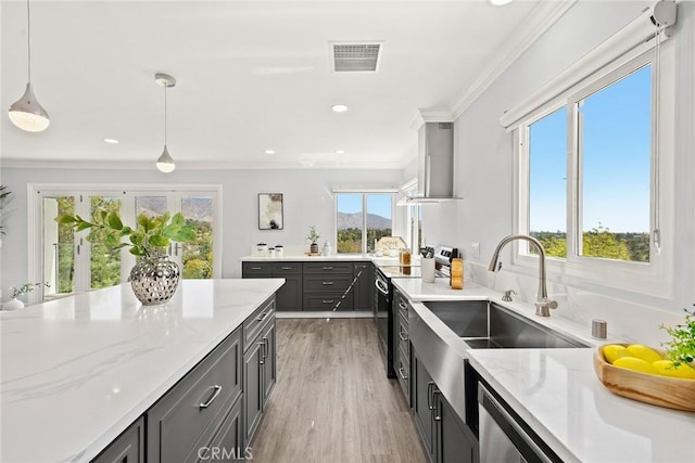 334 Anita Dr, Pasadena, CA 91105 - kitchen with range with electric cooktop, wall chimney range hood, crown molding, light stone counters, and hanging light fixtures