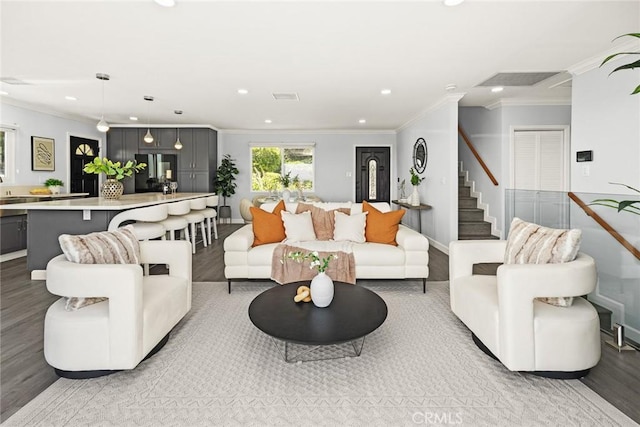 334 Anita Dr, Pasadena, CA 91105 - living area featuring light wood finished floors, ornamental molding, recessed lighting, stairway, and baseboards