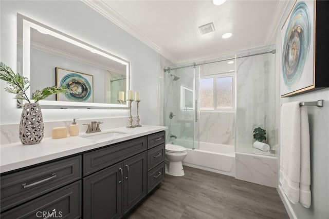 334 Anita Dr, Pasadena, CA 91105 - full bath featuring crown molding, toilet, vanity, combined bath / shower with glass door, and wood finished floors