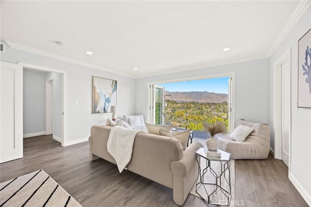 334 Anita Dr, Pasadena, CA 91105 - living area featuring ornamental molding, wood finished floors, baseboards, recessed lighting, and a mountain view