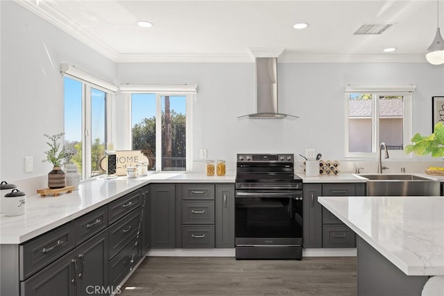 334 Anita Dr, Pasadena, CA 91105 - kitchen with electric stove, wall chimney range hood, a sink, gray cabinetry, and light stone countertops