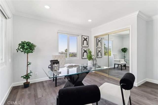 334 Anita Dr, Pasadena, CA 91105 - home office with wood finished floors, baseboards, ornamental molding, and recessed lighting