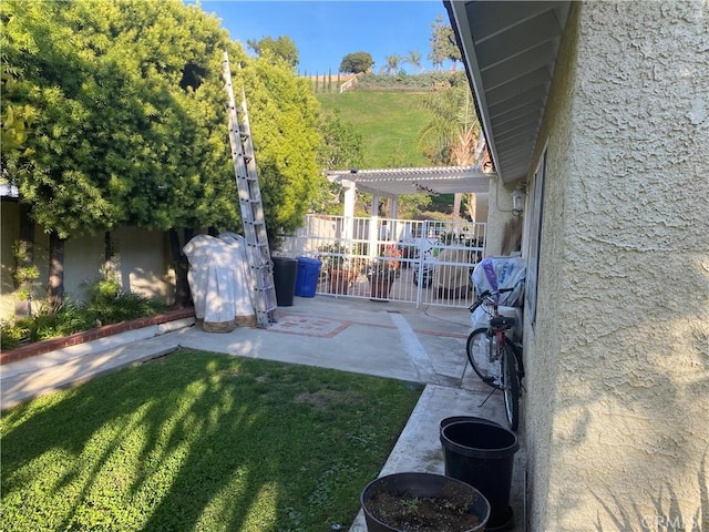 view of yard with a pergola, a patio area, and a fenced backyard