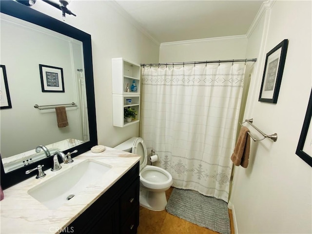 bathroom featuring a shower with curtain, crown molding, vanity, and toilet