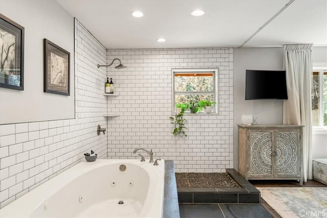 2605 Fryers Way, Mount Shasta, CA 96067 - full bath featuring a jetted tub, a tile shower, tile walls, and recessed lighting