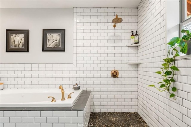 full bath featuring a bath, tile walls, and a tile shower
