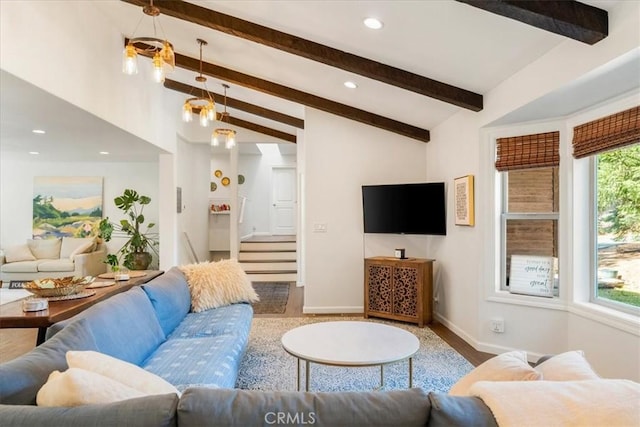 living room with recessed lighting, baseboards, and vaulted ceiling with beams