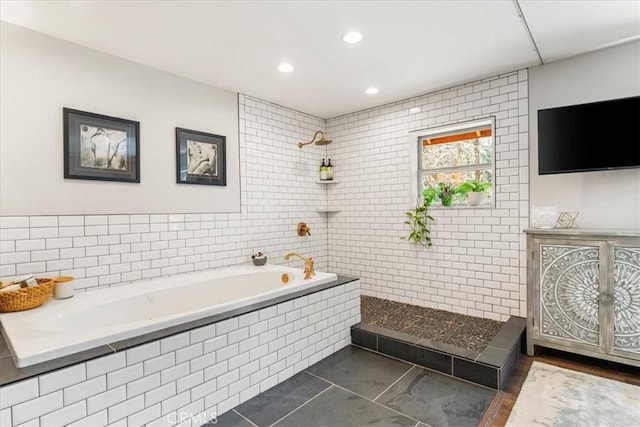 2605 Fryers Way, Mount Shasta, CA 96067 - full bathroom with a bath, tiled shower, tile walls, and recessed lighting