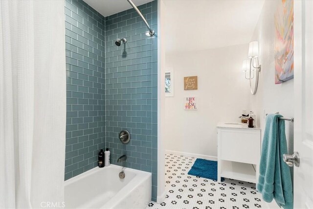 2605 Fryers Way, Mount Shasta, CA 96067 - bathroom with shower / bathtub combination with curtain, vanity, and tile patterned flooring