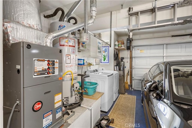 interior space featuring washer and clothes dryer, gas water heater, and heating unit