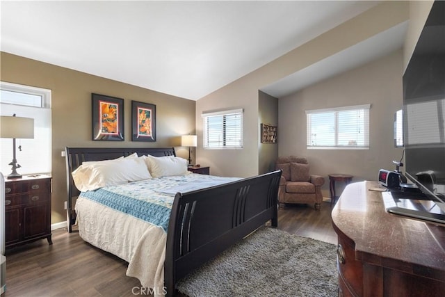 bedroom featuring wood finished floors and vaulted ceiling
