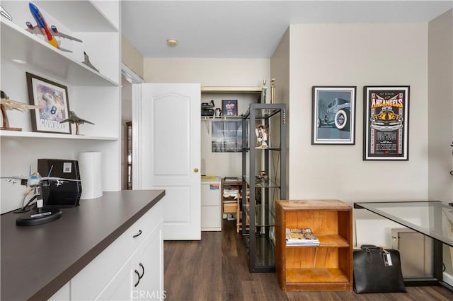 kitchen featuring dark countertops, open shelves, white cabinetry, and dark wood finished floors