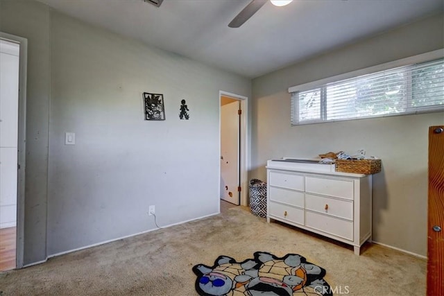 bedroom featuring carpet flooring, ceiling fan, and baseboards