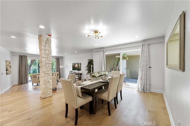 950 S Spring Meadow Dr, West Covina, CA 91791 - dining area with decorative columns, light wood-style floors, baseboards, and recessed lighting