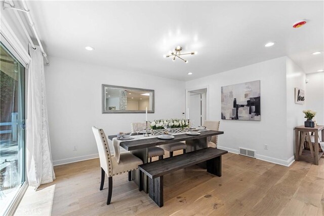 950 S Spring Meadow Dr, West Covina, CA 91791 - dining area with light wood-style flooring, recessed lighting, baseboards, and a chandelier