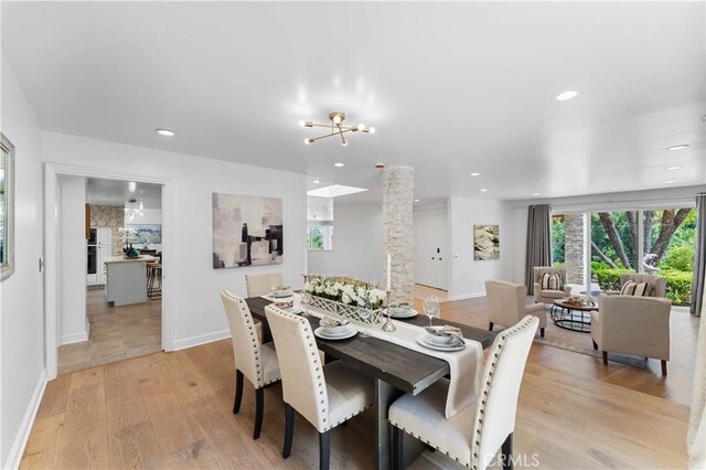 950 S Spring Meadow Dr, West Covina, CA 91791 - dining room featuring light wood finished floors, plenty of natural light, ornate columns, baseboards, and recessed lighting